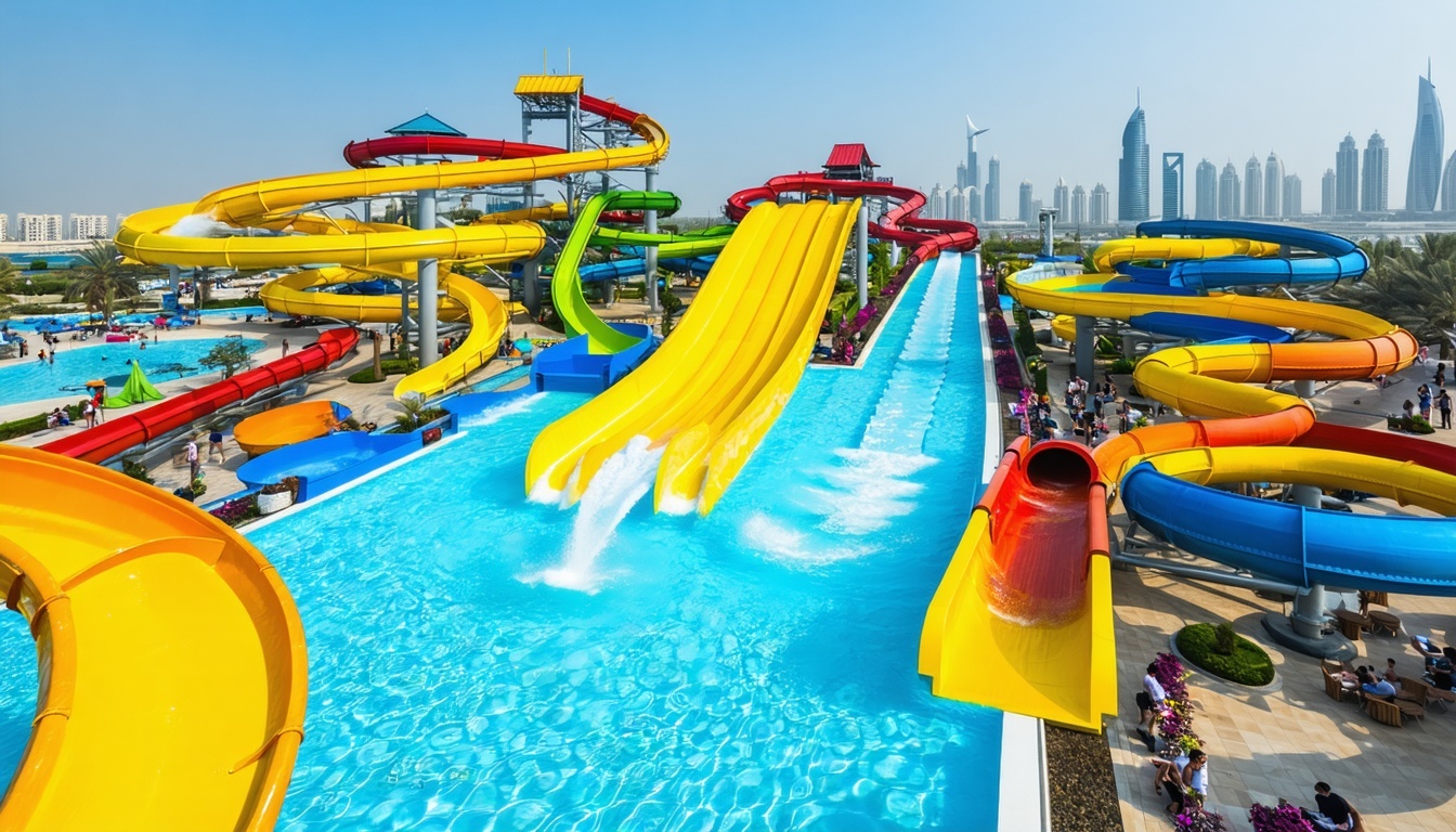Aerial view of Dubai Water Park with colourful slides and pools