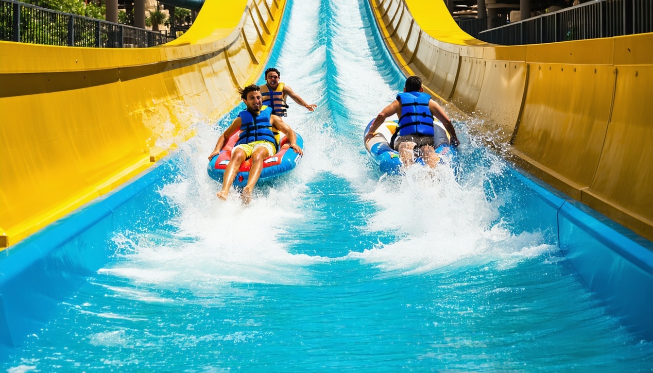 Thrill seekers on a high-speed water slide at Dubai Water Park
