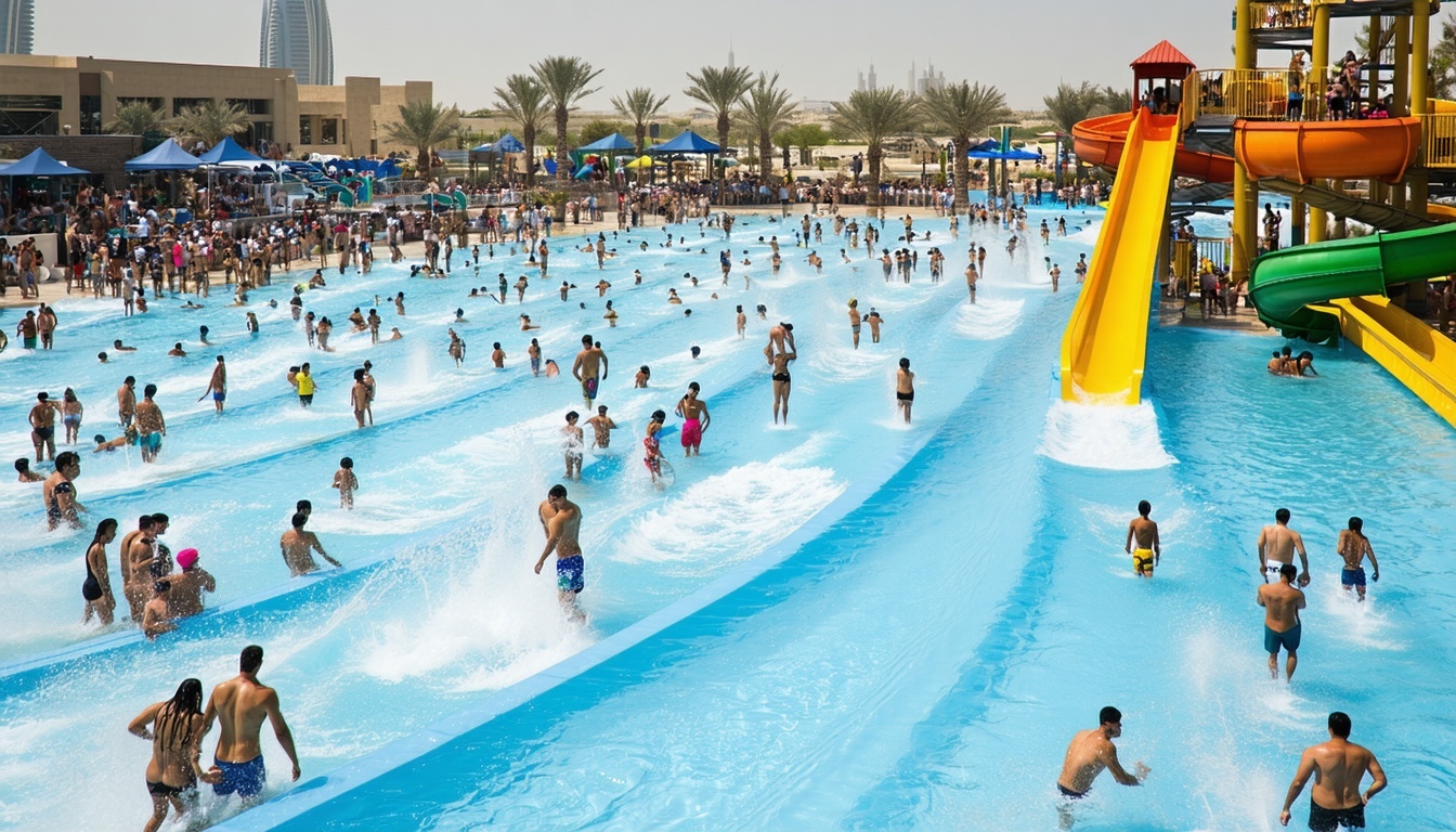 Families enjoying wave pools and splash zones at Dubai Water Park