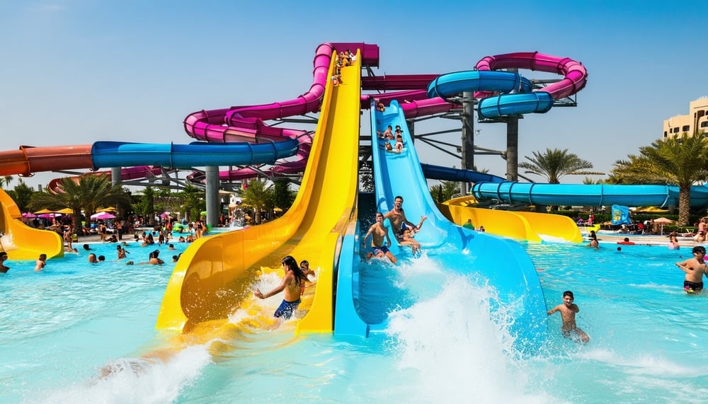 A vibrant water park in Dubai with water slides, pools, and families enjoying the attractions A vibrant water park in Dubai with water slides, pools, and families enjoying the attractions