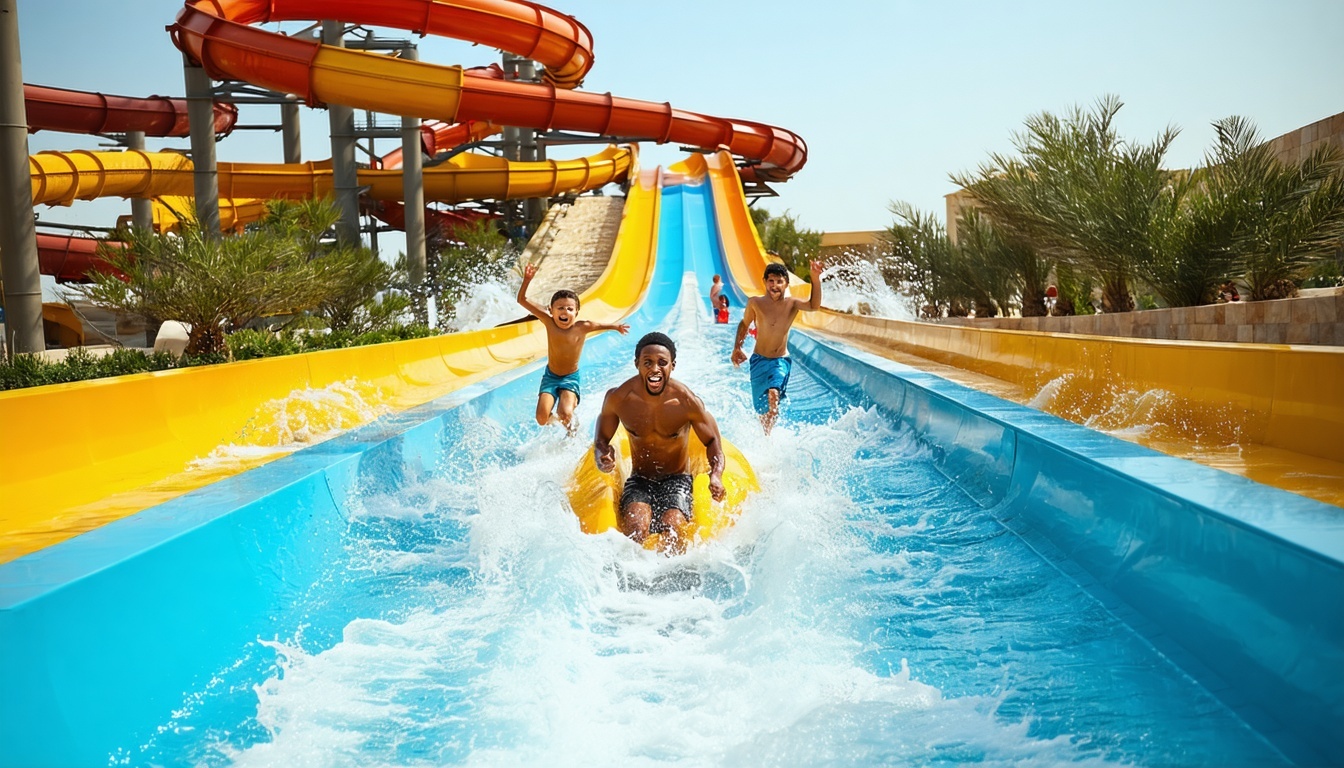 Family enjoying thrilling water slides at Dubai Water Park