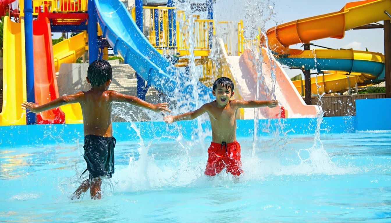 Children playing in a safe, interactive splash zone at Dubai Water Park